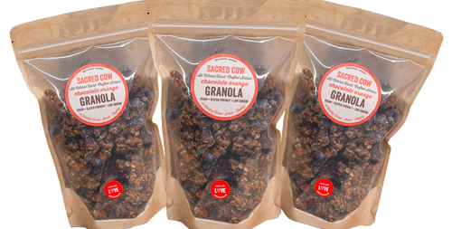 Limited Time! 3-pack 10 oz pouches Chocolate Orange Sacred Cow Granola