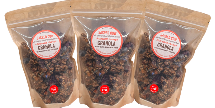 Limited Time! 3-pack 10 oz pouches Chocolate Orange Sacred Cow Granola